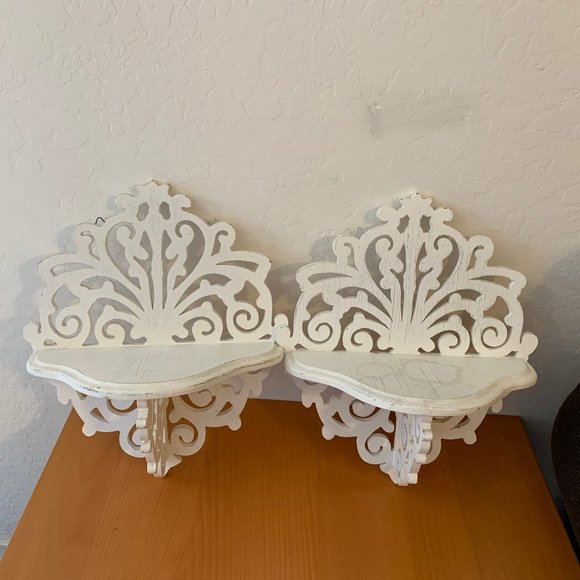 Fleur De Lis Wood Display Shelf Wall Sconce White Washed 2 PC Decorative Set - Picture 2 of 5